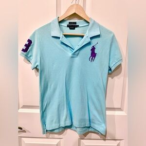Ralph Lauren Aqua Big Pony Polo Shirt, with purple pony, women’s L, skinny fit.